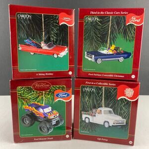 Vintage Carlton Cards Ford Cadillac Car Christmas Ornaments Lot of 4 w Boxes